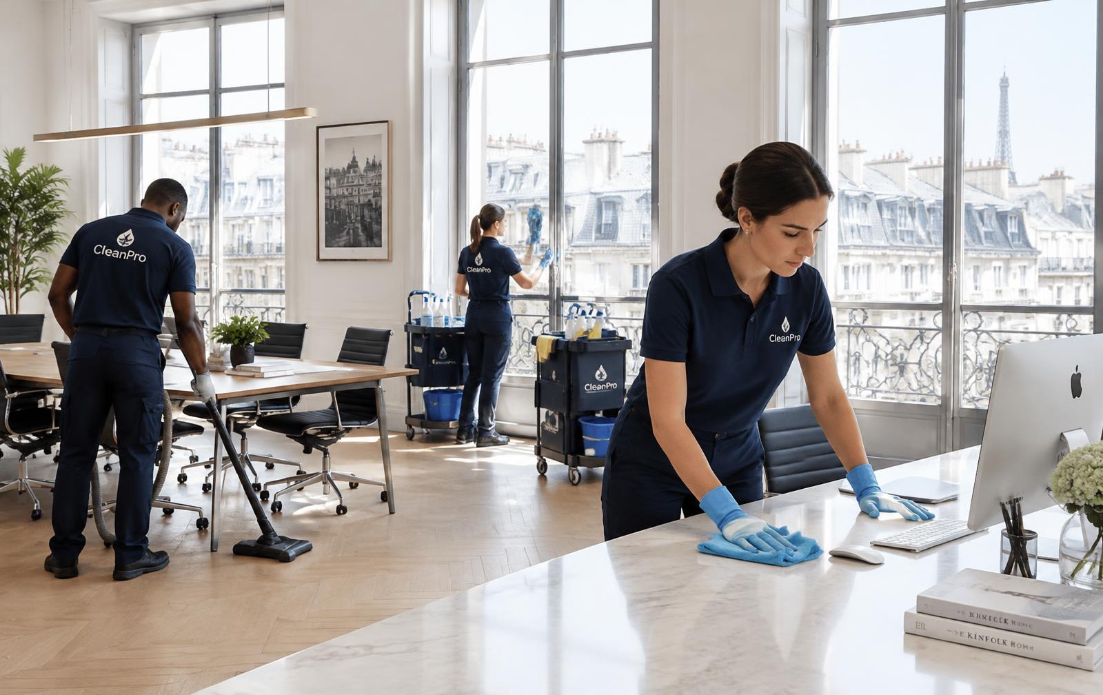 Équipe de nettoyage professionnel dans des bureaux à Paris
